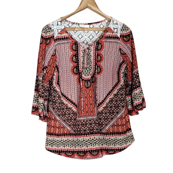 Anthropologie Fig and Flower Womens Boho Flowy Orange Crochet Lace Tunic Top 1X - Picture 1 of 8
